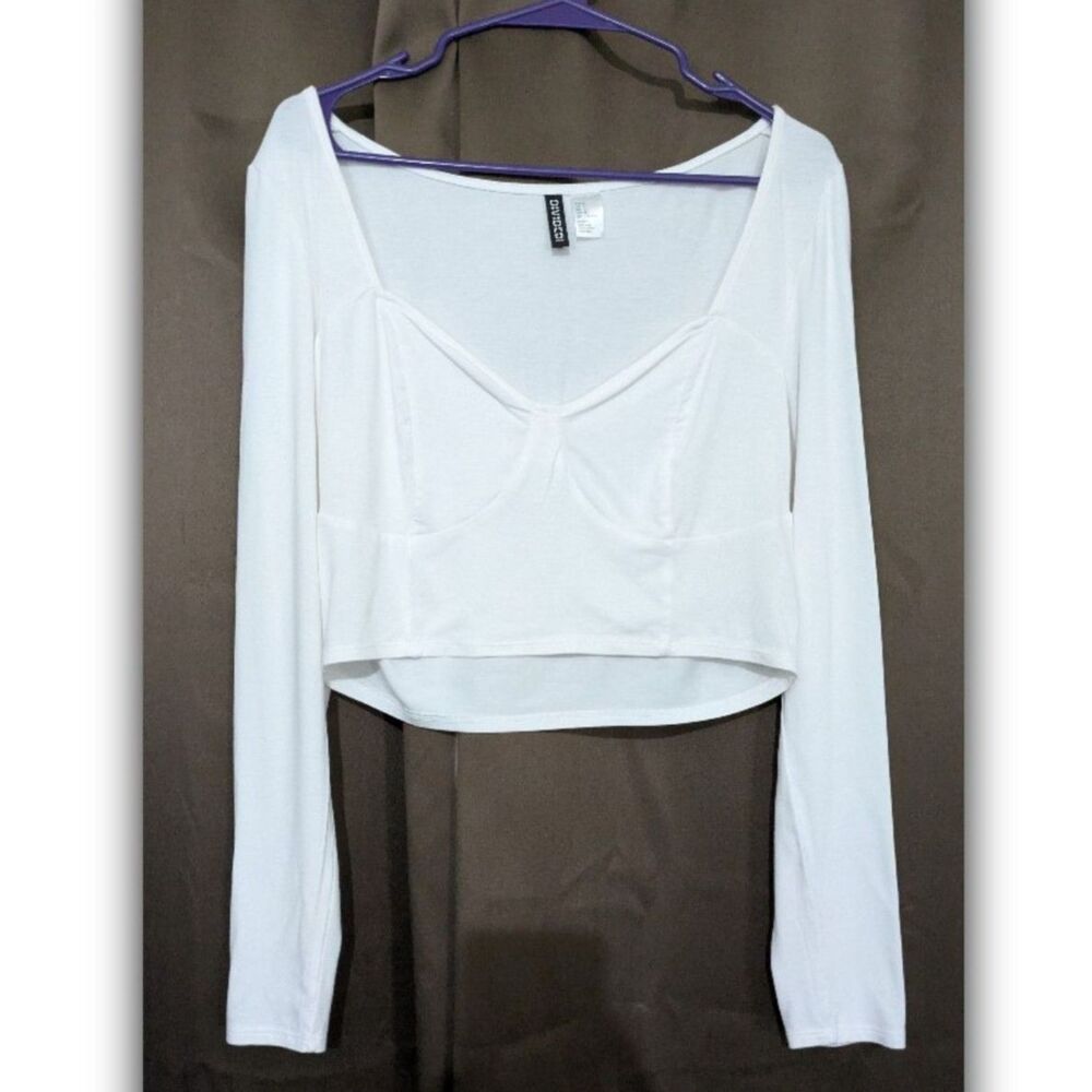 H&M DIVIDED Womens White Cropped Long Sleeve Blouse Size Large Babydoll